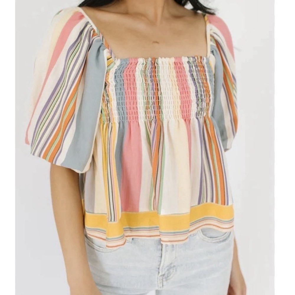 By Together Striped Smocked Puff Sleeve Top Square Neck Boho Multi color Small